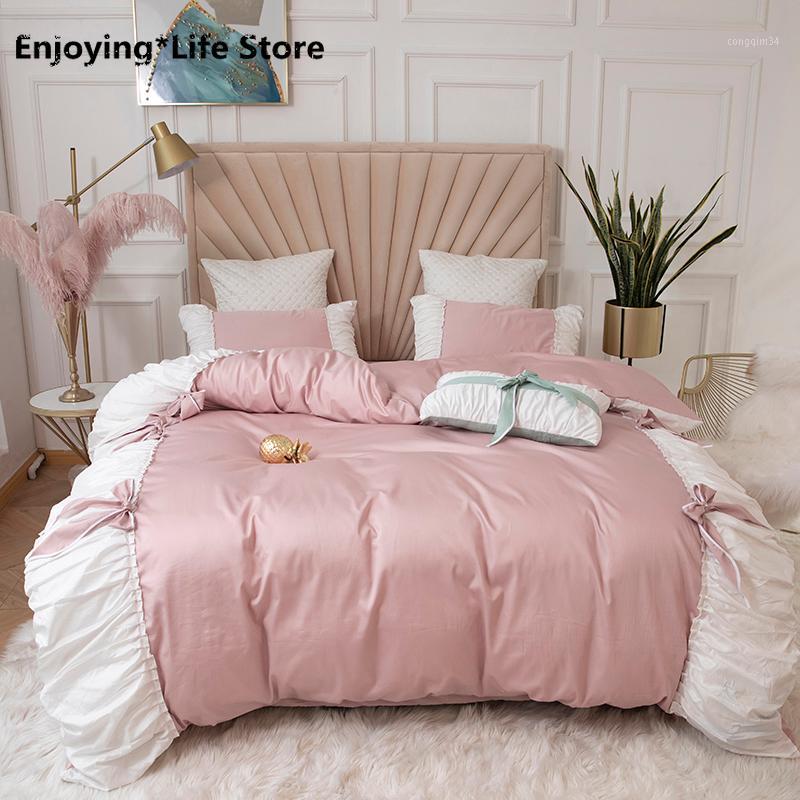 

Pink Yellow Green 100% Cotton Princess Girl Bedding Set White Ruffle Splice and Bowknot Duvet Cover Bed SheLinen Pillowcases1