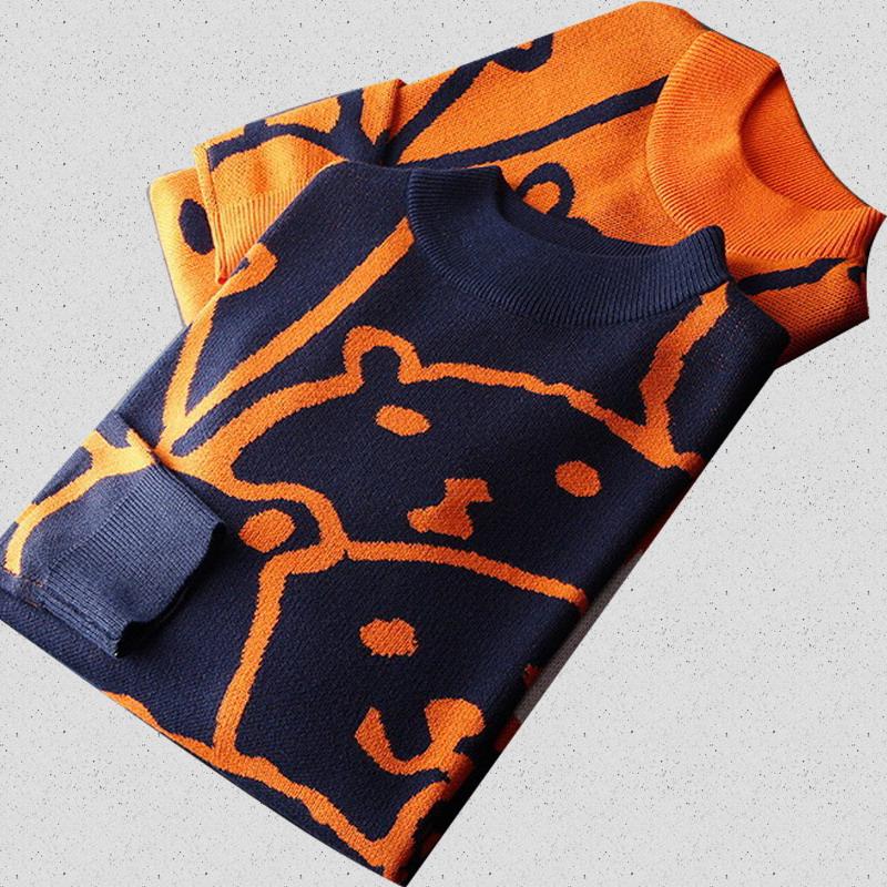 

Mens Autumn Casual Sweaters Polar Bear Pattern Trendy Slim Sweaters Cotton Long Sleeve Round Collar Male Warm Pullovers XR979-80, Xr980 orange