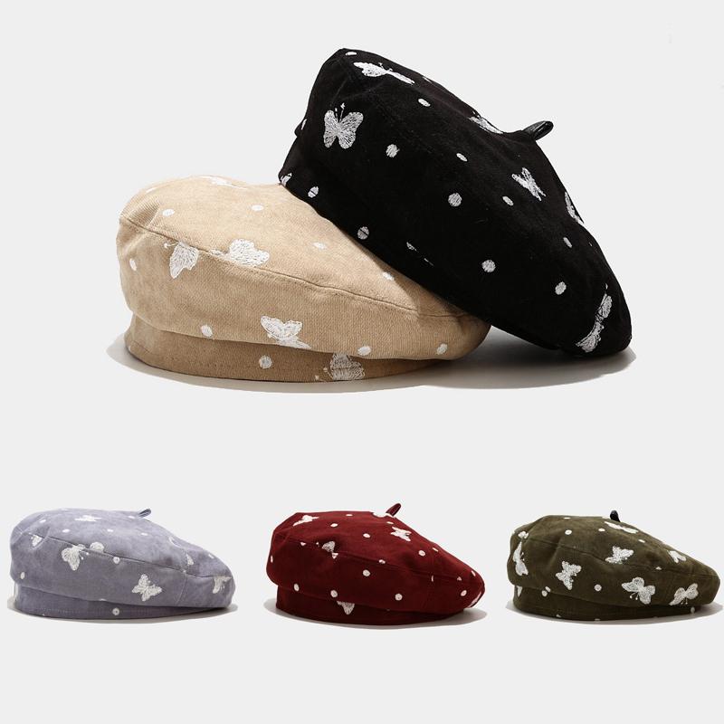 

Berets Winter Beret Hat Women Beautiful Butterfly Embroidery French Ladies Warm Knit Female Fashion Bonnet Beanies Caps Autumn, Black