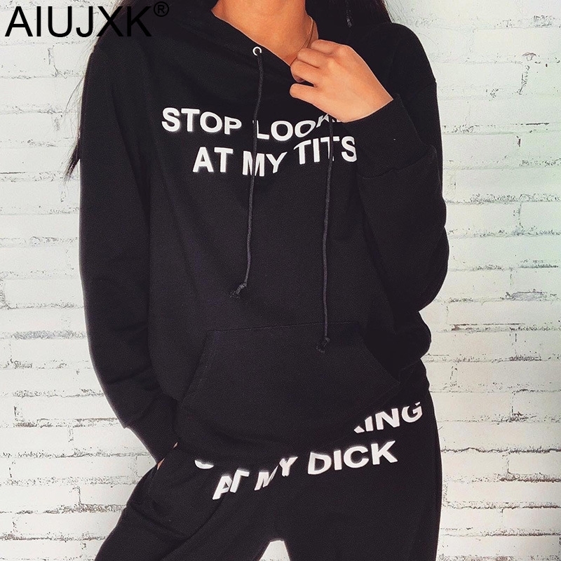 

AIUJXK New Stop Looking At My Tits Sweatshirt Fashion Long Sleeve Hoodie Woman Streetwear Loose Casual Hooded Pullover Top Y200610, Black top