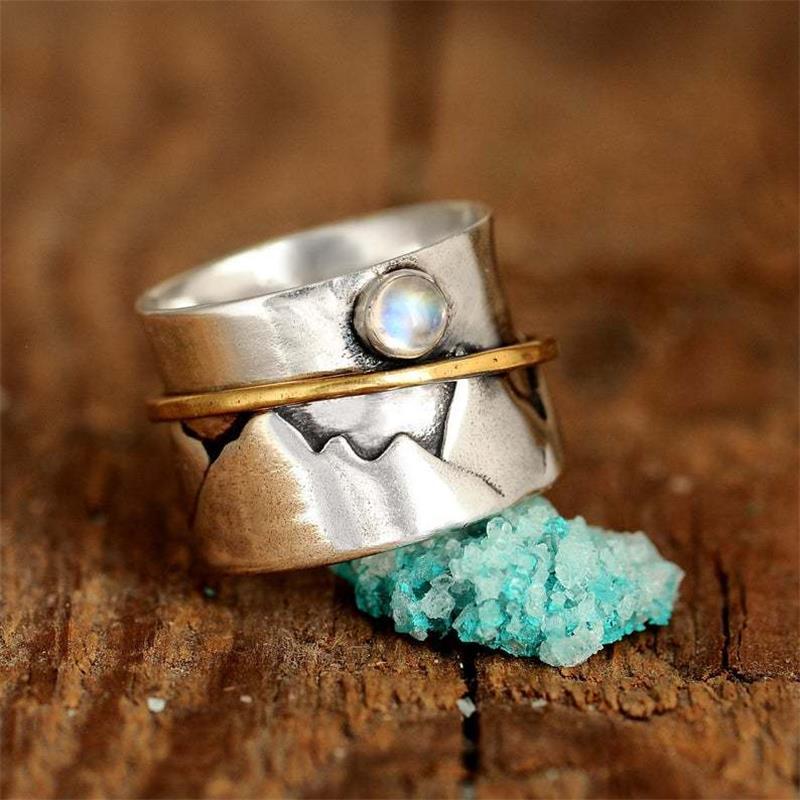 

Cluster Rings Retro Ethnic Style Engagement Ring Fashion Moonstone Women's Wide Version Bohemian Accessories Jewelry, Golden;silver