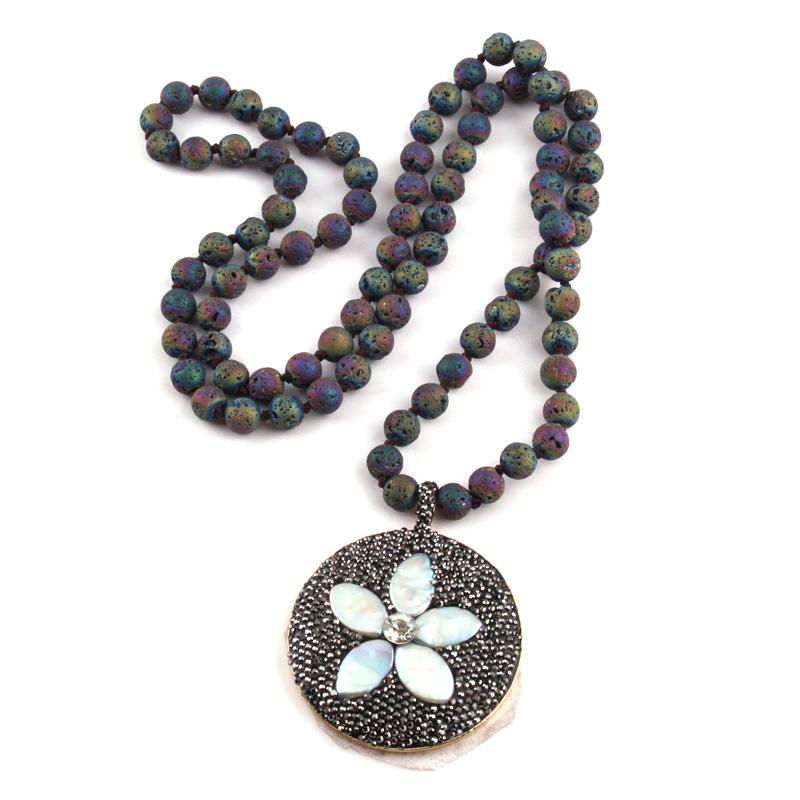 

New Fashion Bohemian Jewelry Lava Stone Knotted Neck Crystal Pave Shell flower Decoration Pendant Women Necklaces Free Shipping