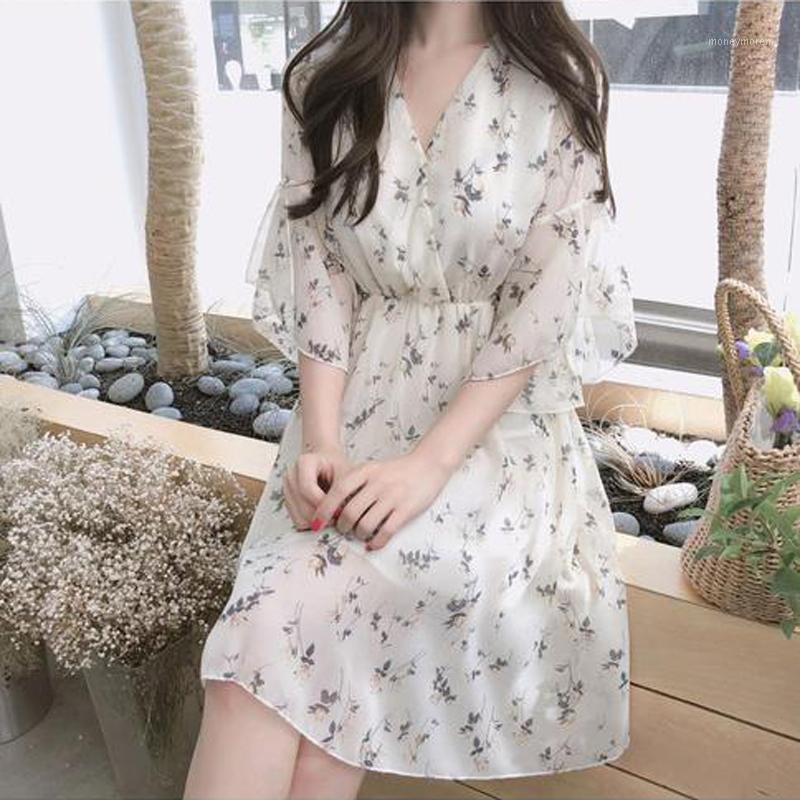 

Women Sexy V-Neck Boho Chiffon Dress Short Sleeve Floral Print Party Evening Beach Summer Dress Women Sundress1, Black