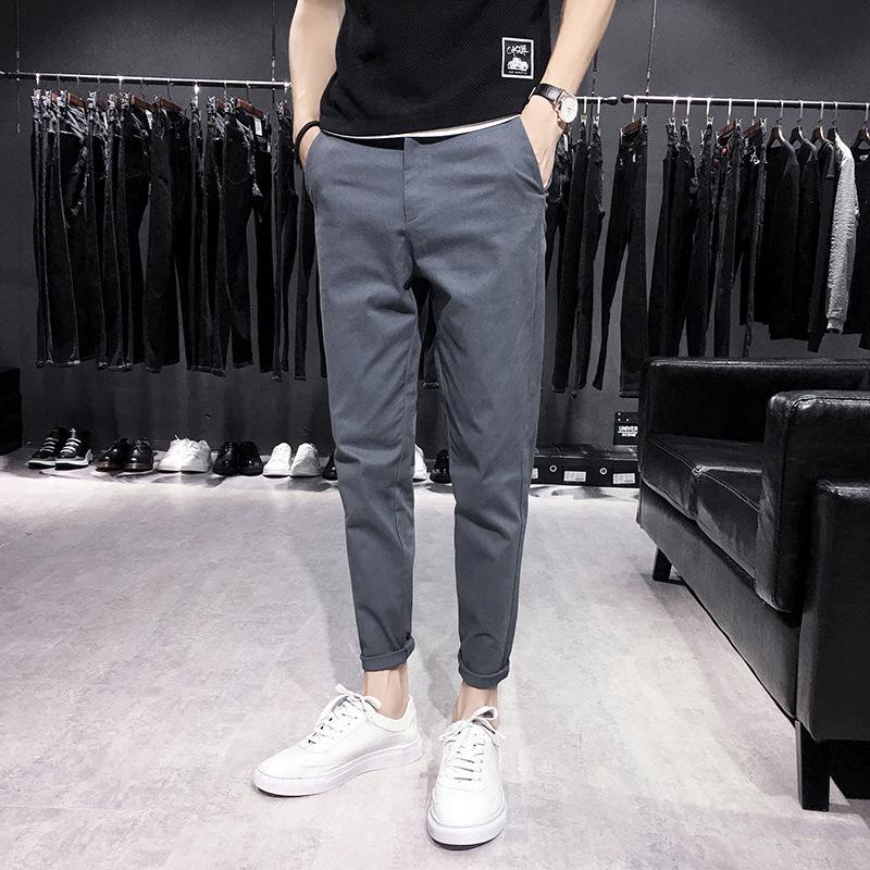 

Spring and Autumn Korean style pure cotton pure color casual pants youth stretch slim fit all-match casual cotton pants ankle, Khaki