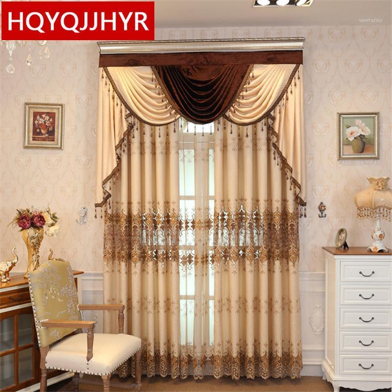 

European luxury beige high-quality embroidery curtains for Living Room Windows High-end custom classic curtains for Bedroom1, Tulle