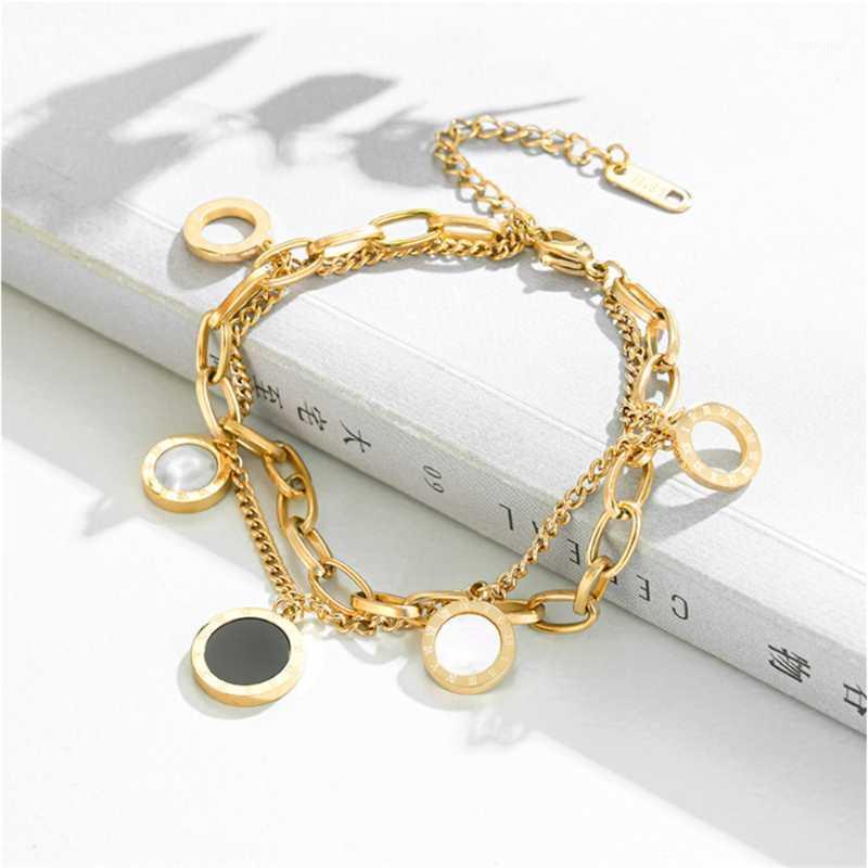 

Bangle 316L Stainless Steel 2022 Fashion Upscale Jewelry2 Layer Black White Shells Round Thick Chain Bracelets Bangles For Women