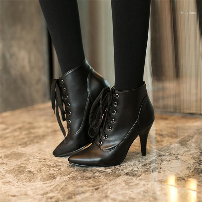 

YMECHIC 2020 Ladies Black Thin High Heels Stiletto Shoes Pointed Toe Gladiator Cross Tied Lace Up Ankle Boots for Women Big Size1