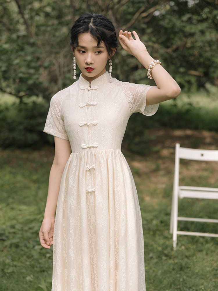 

Mid-calf Dresses Chinese-style Lace Ladies'dresses Elegant Ladies' Dress Beige Short Sleeve Cheongsam Female 2021 Summer Udae, Blue