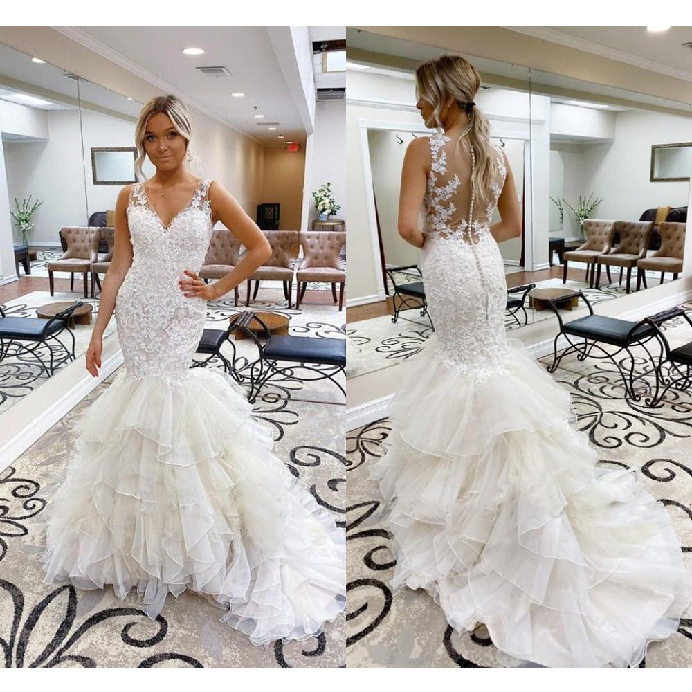 

2021 New Beautiful Mermaid Wedding V-neck Cascade Ruffles Illusion Garden Gowns Novice Bride F8EX, White