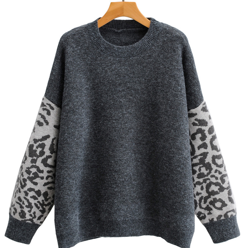 

2021 New Europe and the United States Women's Leopard Splicing Sleeve Loose Leisure Knitting Round Collar Pullovers Ff202 Es8h, One size
