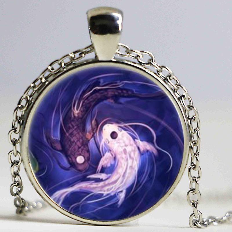 

Ying and Yang Fish Glass Dome Silver Color Necklace for men woman Jewelry