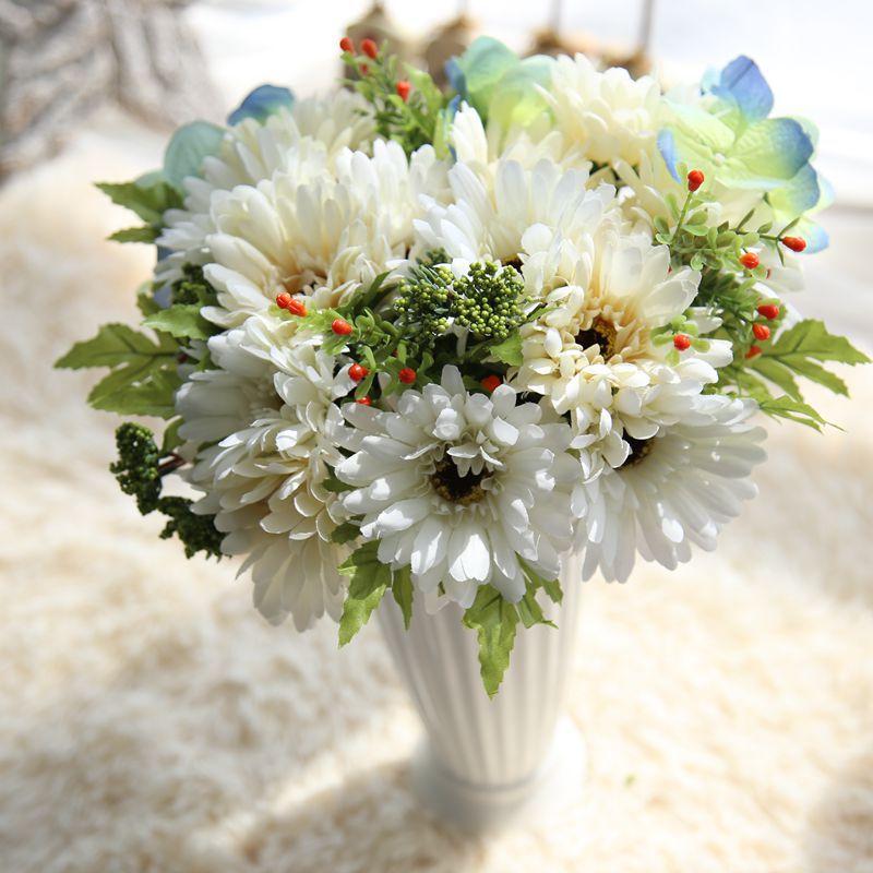 

7 Heads Artificial Silk Hydrangea Gerbera Bouquet Chrysanthemum Sun Flower Holding Flowers Home Wedding Party Decoration Daisy, Daisy rose red