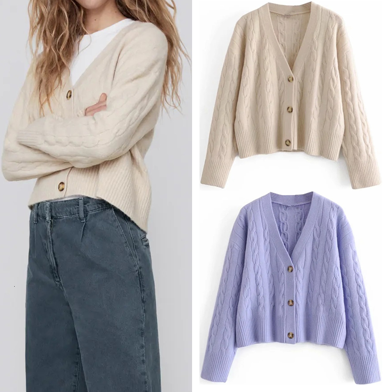 

2021 New Cable Knit Women Winter v Neck Long Sleeve Cropped Cardigan Knitted Ladies Button Casual Sweater Kvl9, Beige