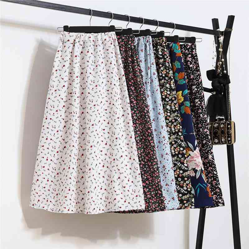 

summer skirts womens vintage floral print chiffon a-link skirt elastic high waist casual midi skirt clothes jupe plus size, Black