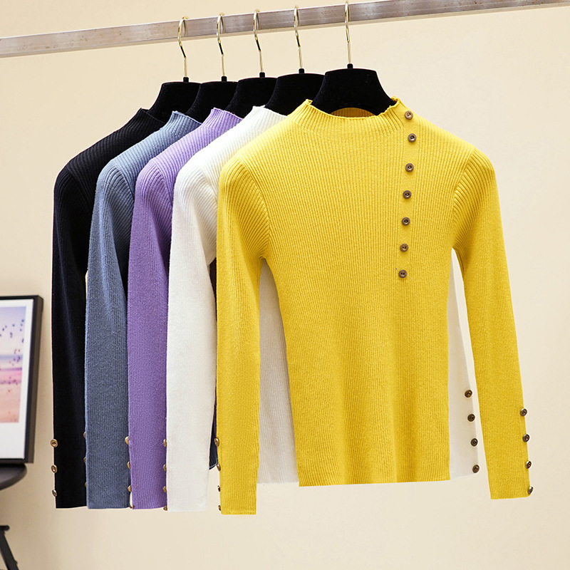 

2021 New Casual High-neck Basic Autumn Winter Sweater Women Solid Button Knit Pullovers Long Sleeve Soft Female Jumper Top C4v5, White