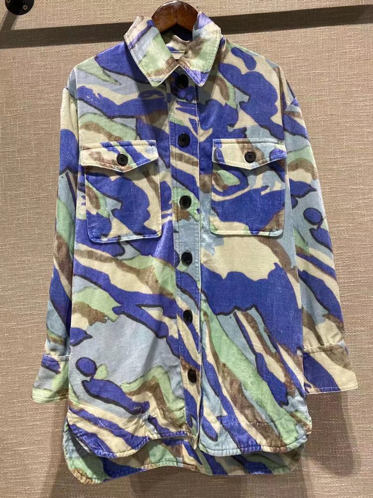 

Women Color Patchwork Cotton Coat Turn-Down Collar Long Sleeve Outwear Top with Double Pockets, As pic
