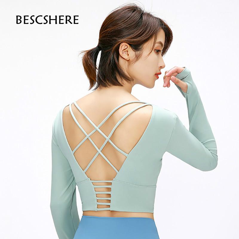 

BESCSHERE Back Cross Straps Yoga Fitness Shirts Women Padded Anti-sweat Gym Workout Long Sleeved Crop Tops with Thumb Holes1, Black