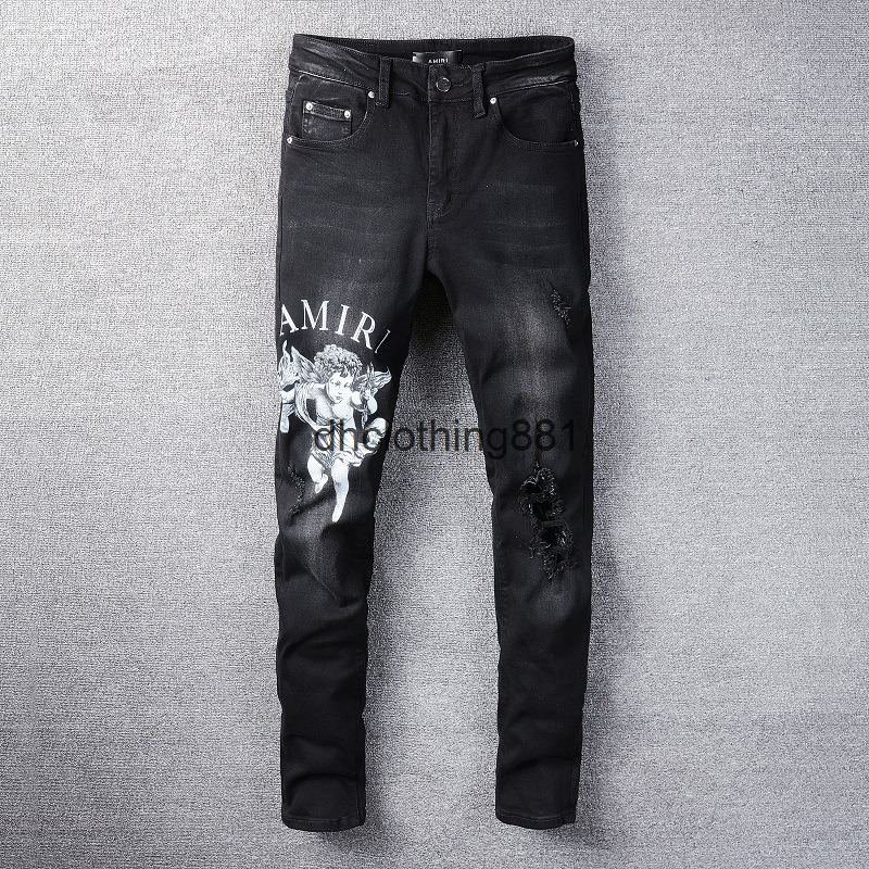 

Designers Jeans Amir Pants Amiry New US casual hip hop high street worn out and worn washed splash ink color painting Slim Fit Jeans Men&#03, Blue
