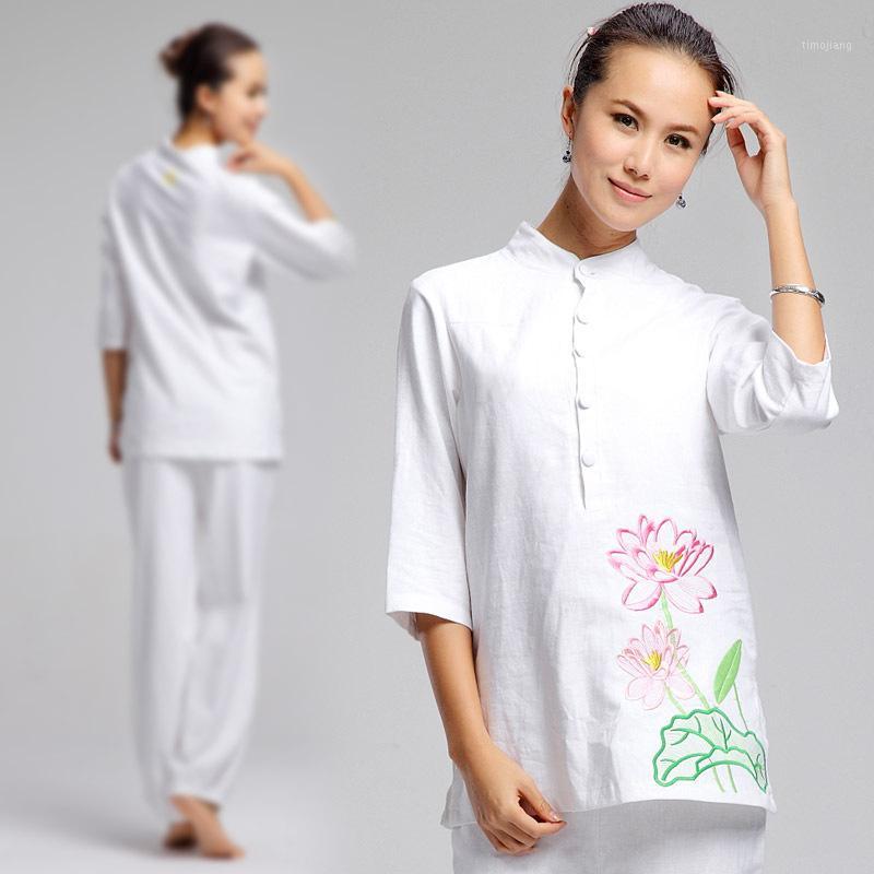 

Women Yoga Tai Chi Kungfu Set Linen Loose Embroid Sweatshirt+pant Jogger Fitness Workout Csaual Meditation outfit Set Activewear1, White