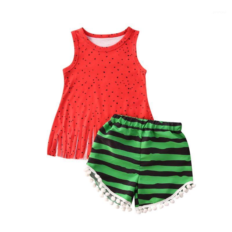 

1-6Y Summer Lovely Baby Girls Boys Clothes Sets Letter Sleeveless Tassel Red Vest Tops+Green Striped Shorts1