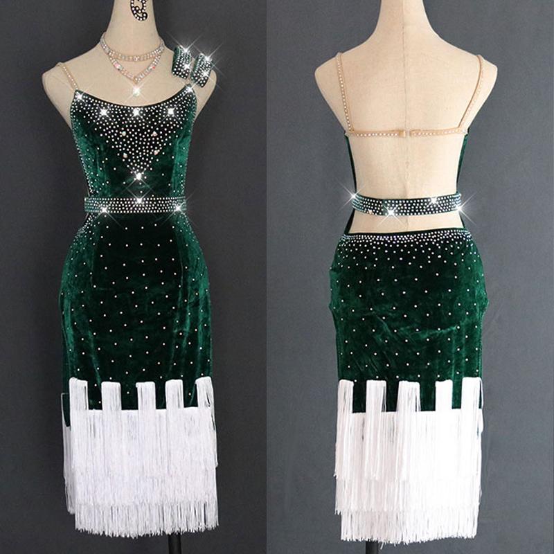 

2020 Latin Dance Dress Women Velvet Dark Green Rhinestone Dress White Fringe Singer Stage Perform Competition Latin VDB135, Dress and belt