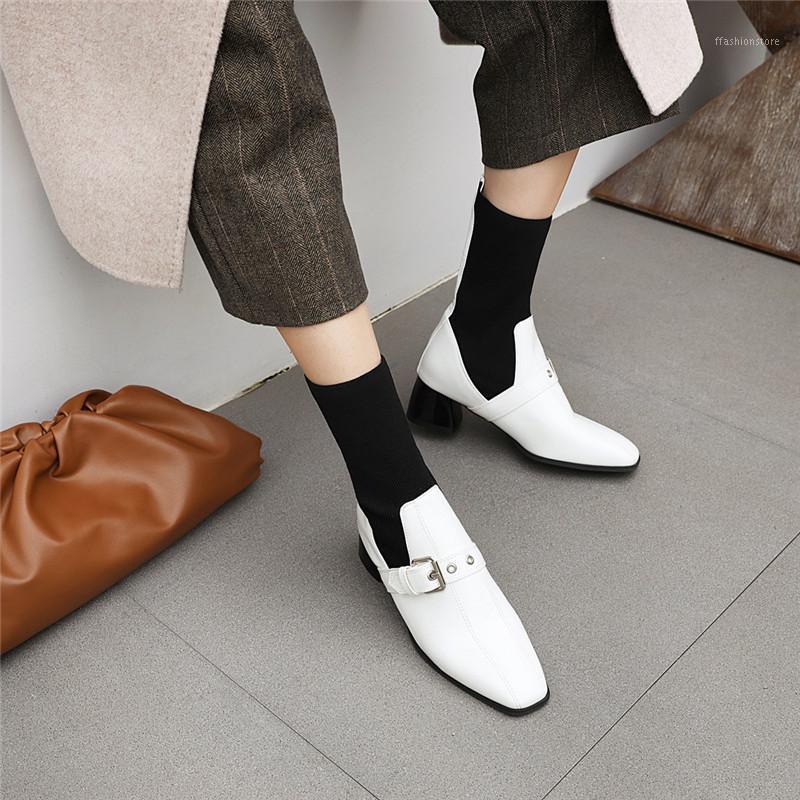 

YMECHIC 2020 Fashion Square Toe Chunky Heels Women Shoes Winter Buckle Strap Stretch Shaft Sock Womens Boots Ankle Black Brown1, Hei jia rong