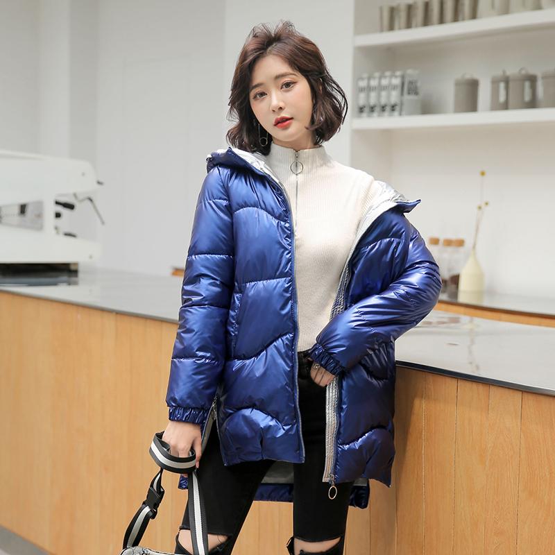 

2020 New Fashion Glossy Parka After short before long Winter Jacekt Women Short Hooded Parka Coat Female Casual, Black