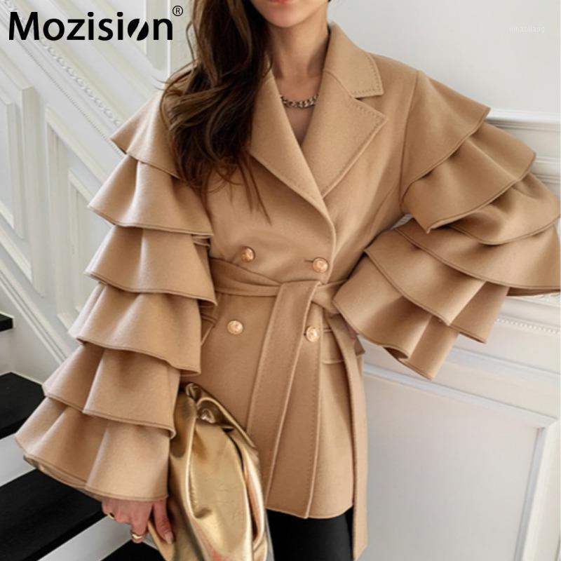 

Mozision Ruffle Lace-up Wool Coat Women Solid Notched Collar Double-breasted Overcoat Ladies Vintage Loose Elegant Woolen Coat1, Black