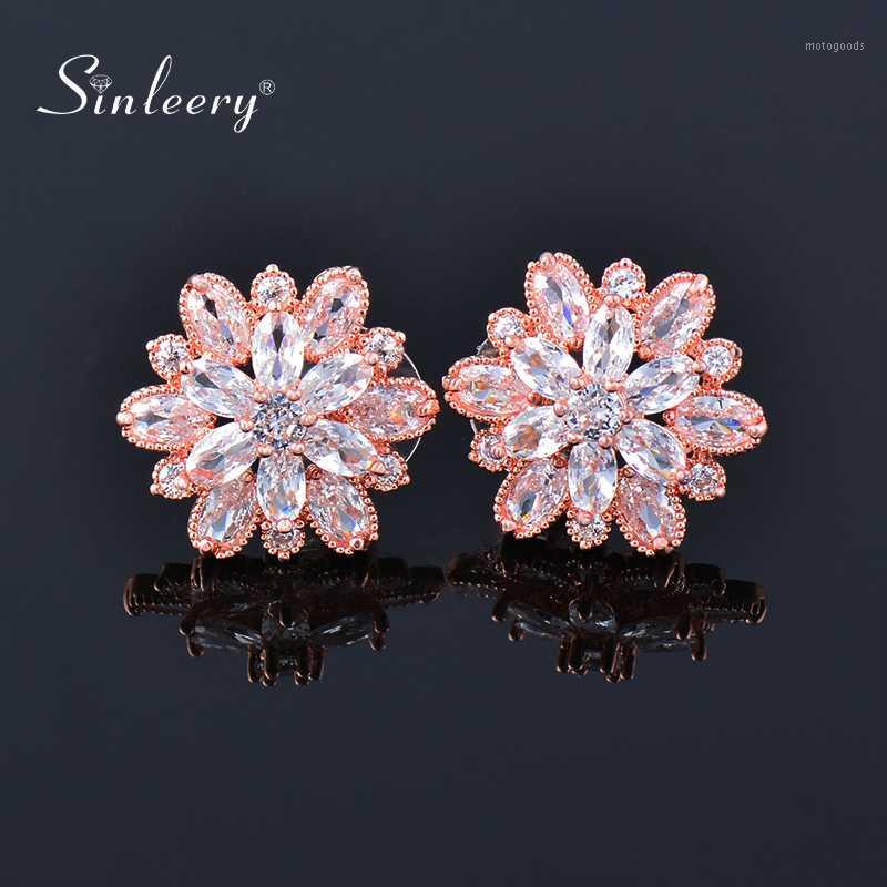 

SINLEERY Series Jewelry Zircon Flower Stud Earrings Rose Gold Color Women Wedding Accessories ES598 SSA1