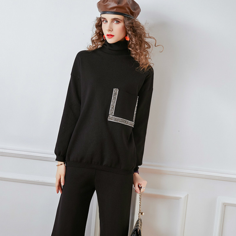 

2021 New Women's Large-scale Assemblies Solid Neck Pocket Knitting Sweater Elastic Waistband Leg Loose Ankle-length Pants FNVC, Gray.