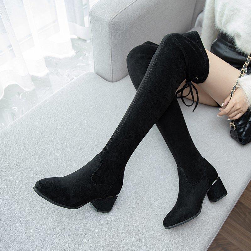 

2020 Fashion INS High Boots Woman Knights Knee Boots Thicken Plush Women Winter Shoes British Style Block Heel Lace-up Footware1, Black