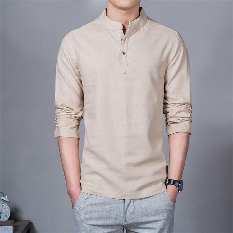 

New Men Spring Cotton Linen Kimono Shirt Long Sleeve Solid Leisure Chinese Clothes Casual Stand Collar Shirts, Beige