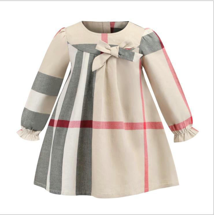 

Baby Girls Dresses Designer Clothing Cotton Children Long Sleeve Costume Kids Girls Plaid Bow Dress, As picture 02