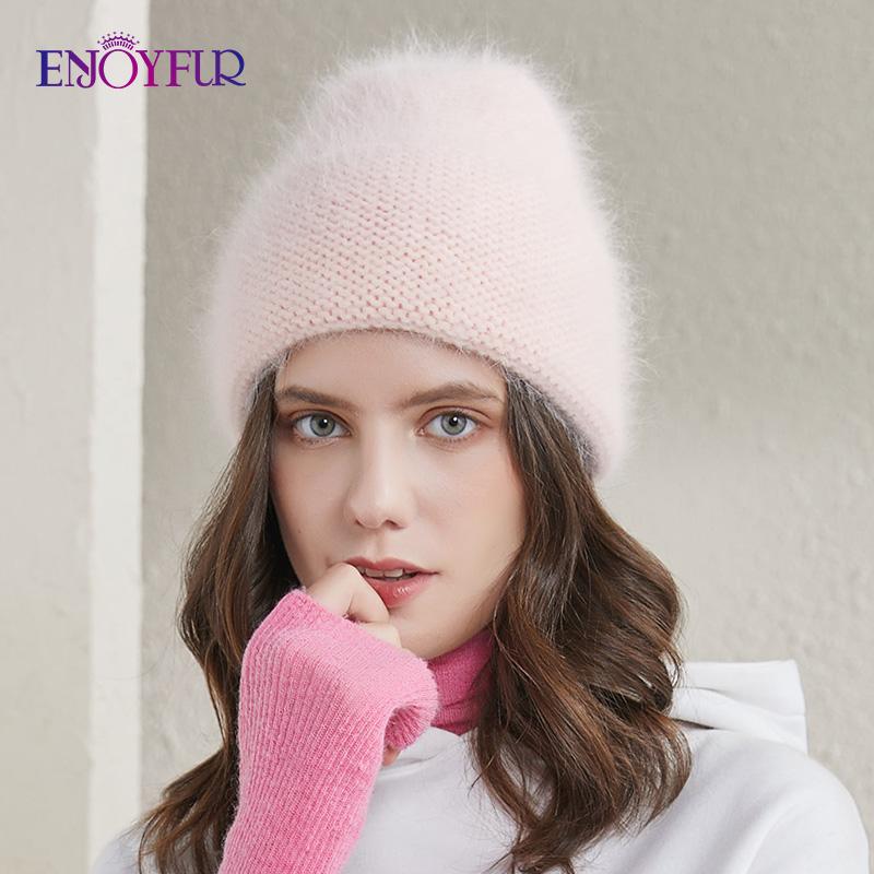 

ENJOYFUR women's winter hats angola fur cuffed beanie hat fashion female warm solid color young style ski bonnets, 05