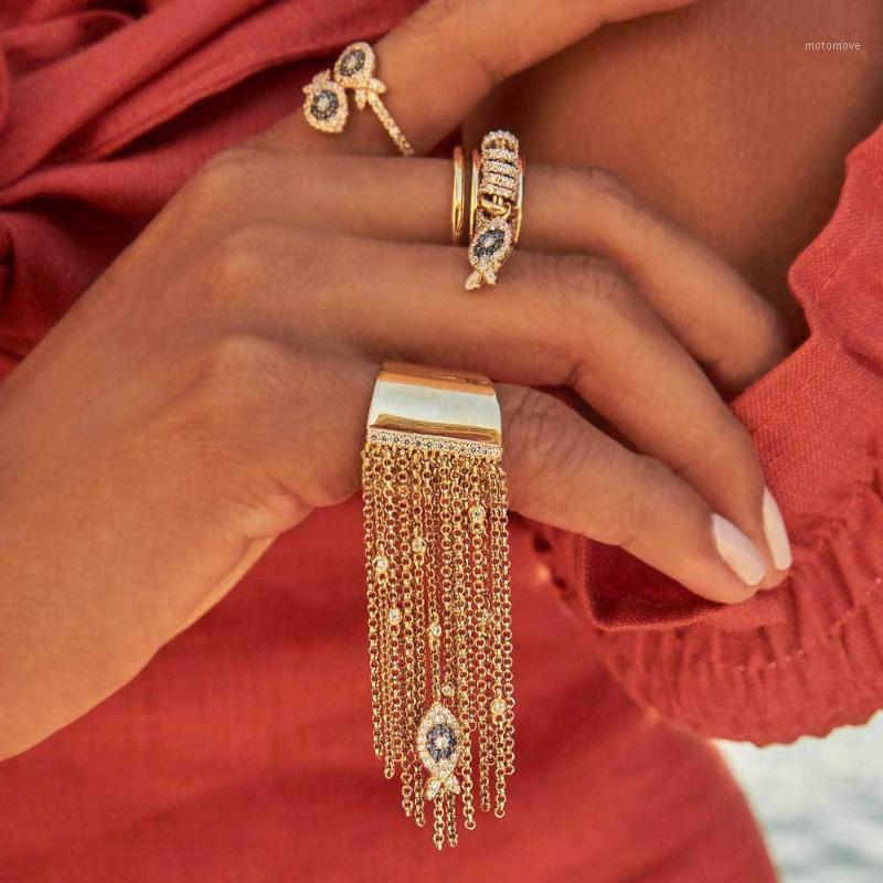 

Hot 925 Sterling Silver Lucky Fish Chain Tassel Ring Zircon Yellow Gold Blue Eyes Fish Ring for Women Party Wedding Jewelry1