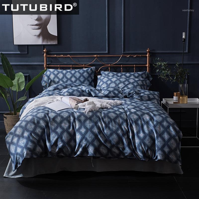 

100% Egyptian cotton deep blue plaid bedding sets Duvet Cover Europe style satin covers pillowcase queen king size1, As pic
