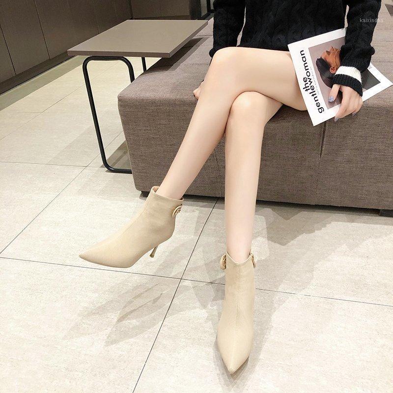 

Super High Heel Boots Women Shoes Pointed Toe Ankle Boots Metal Buckle Sexy Stiletto Heel Short Women Kobiet Buty1, Black