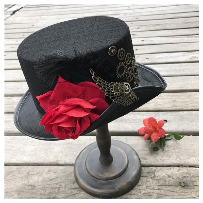 

Women Handmade Steampunk Top Hat With Flower and Metal Gear Magic Performance Hat Party Size 57CM Steampunk, Black