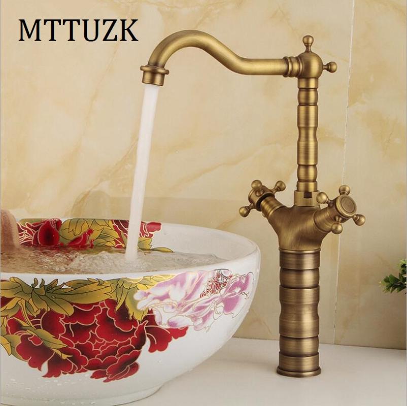 

MTTUZK Antique brass basin faucet Double handle single hole hot and cold mixer tap kitchen faucets wash basin tap free shipping