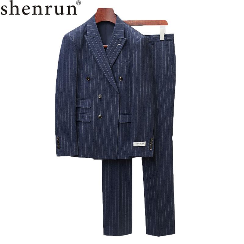 

Shenrun Men Stripe Suits Business Work Party Prom Formal Casual Double Breasted Suit Banquet 2 Pieces Daily Life Royal Blue Gray