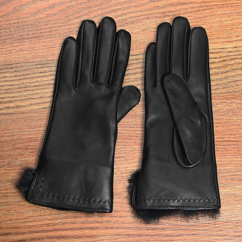 

2020 New Genuine Leather Women's Gloves Autumn Winter Thermal Plush Lined Wrist Hair Black Sheepskin Gloves Female DQ61241
