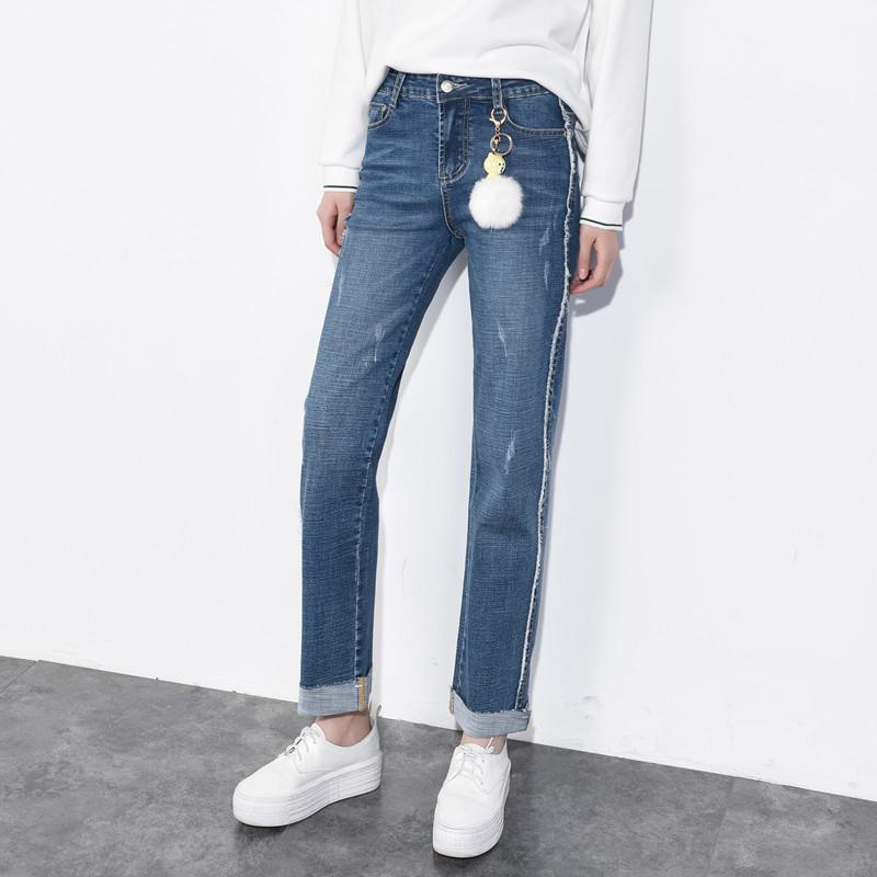 

Casual jeans for women plus size straight pants denim capris female autumn spring new fashion bleached high waist smf0805, Blue