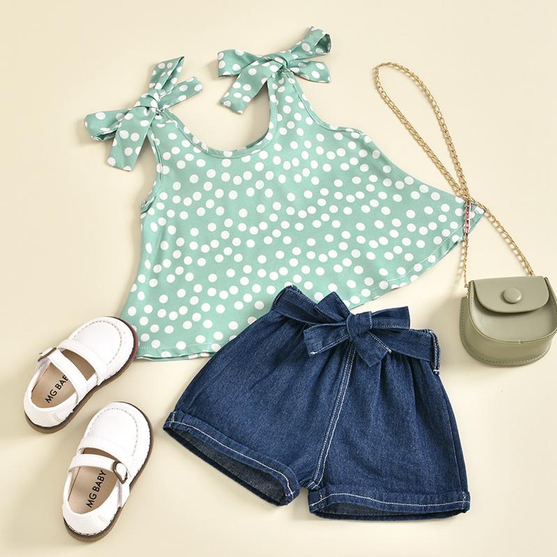 

Clothing Sets 1-5T Girls Summer Leopard Print Polka Dot Fashion Dot/Leopard Sling Strap Top Solid Color Denim Shorts Suit, White