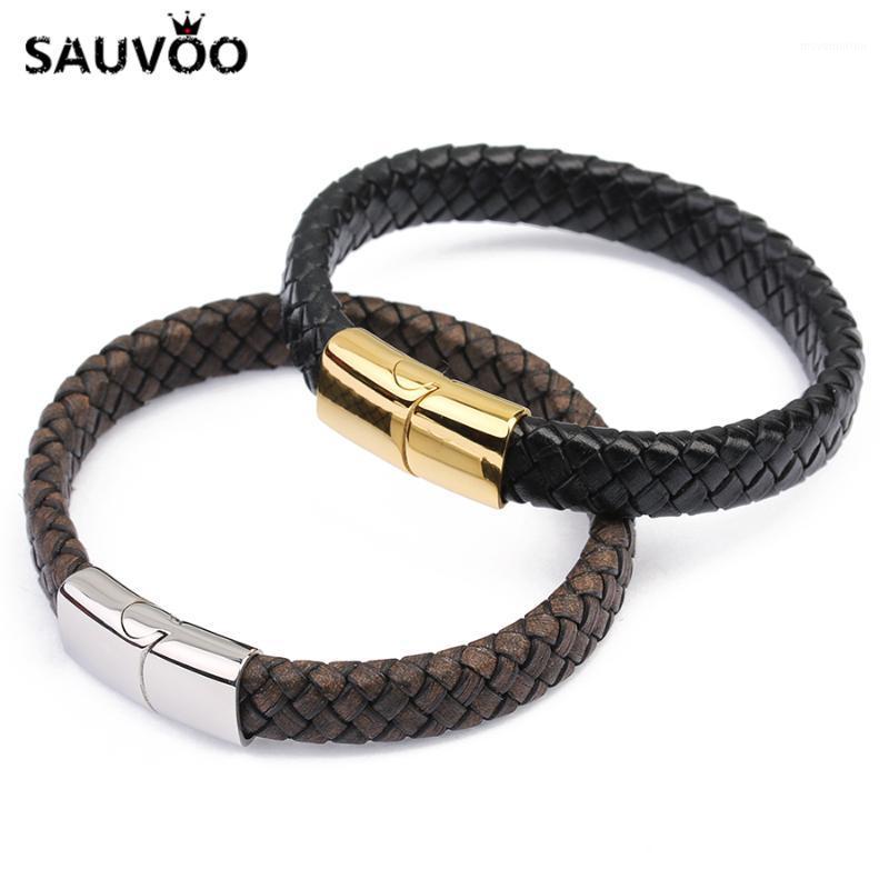 

Sauvoo Vintage Leather Bracelet Wide Square Stainless Steel Magnetic Clasps Charms Bracelets Bangles for Men Male Jewelry Gifts1