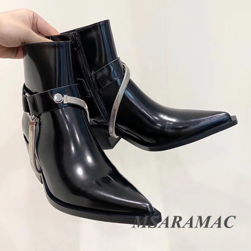 

Novelty snake print metal chain ankle boots leather pointed toe thick heel short boots personality street ladies nightclub shoes1, Black