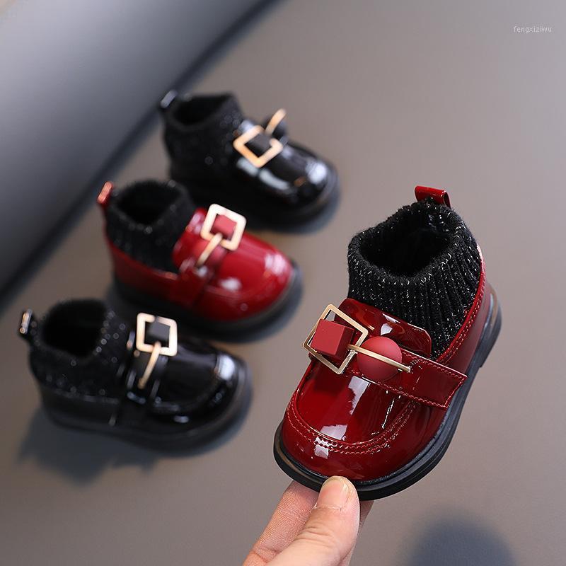 

2020 Winter Female Baby Casual Knitted Short Boots Patent Leather Girls Fashion Boots Princess First Walkers Red Black1, Black