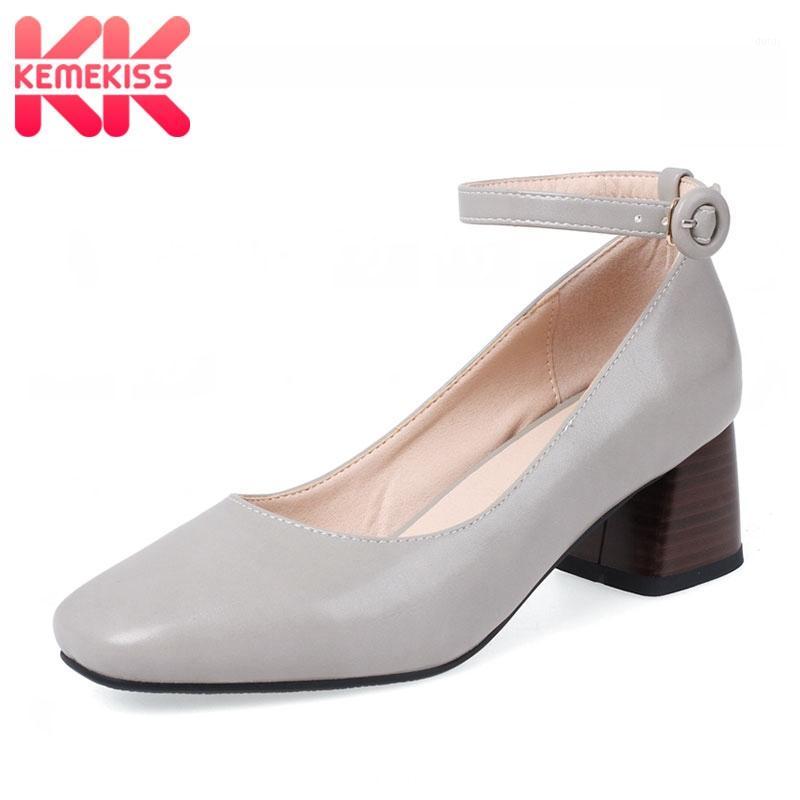 

KemeKiss Real Leather Women Pumps Square Toe Ankle Strap Thick Heel Soft Sweet Classic Daily Casual Female Footwear Size 30-431, Black