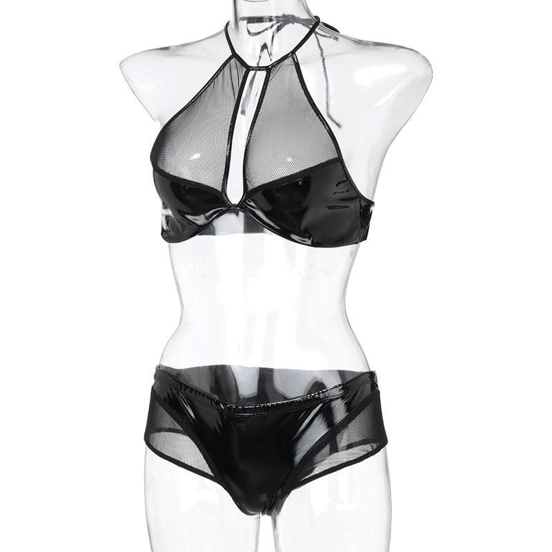 

Sexy Lingerie Women Wet Look Leather Mesh Bikini Costume Halter Bra Top with Shorts Knickers Erotic Underwear Set, Black
