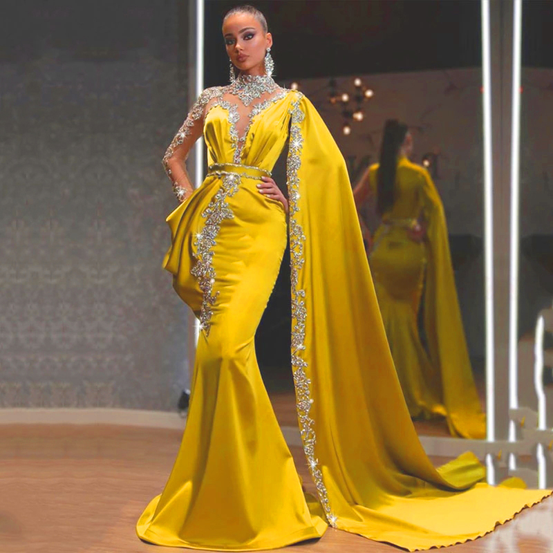 

Eightale Gold Evening Dresses High Neck Beaded Rhinestones Mermaid Prom Gown Cape Long Sleeves Satin Arabic Dubai Party Dresses, Pink