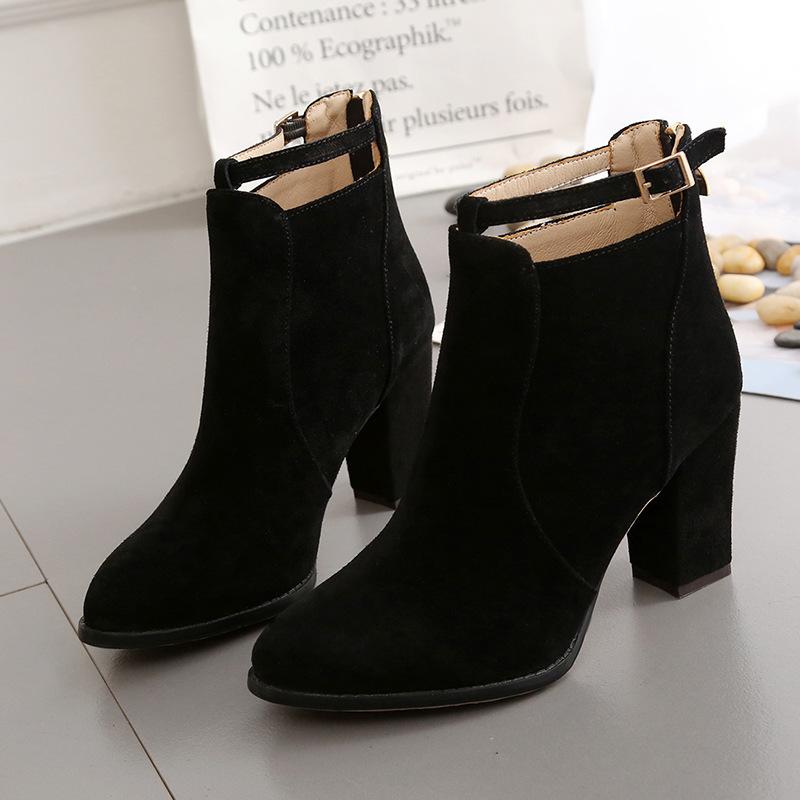 

Plus Size Women Boots Shoes Flock Zipper Pointed Toe Autumn Winter Ankle Thick High Heels Lady Shoes Female Pumps Booties, Apricot